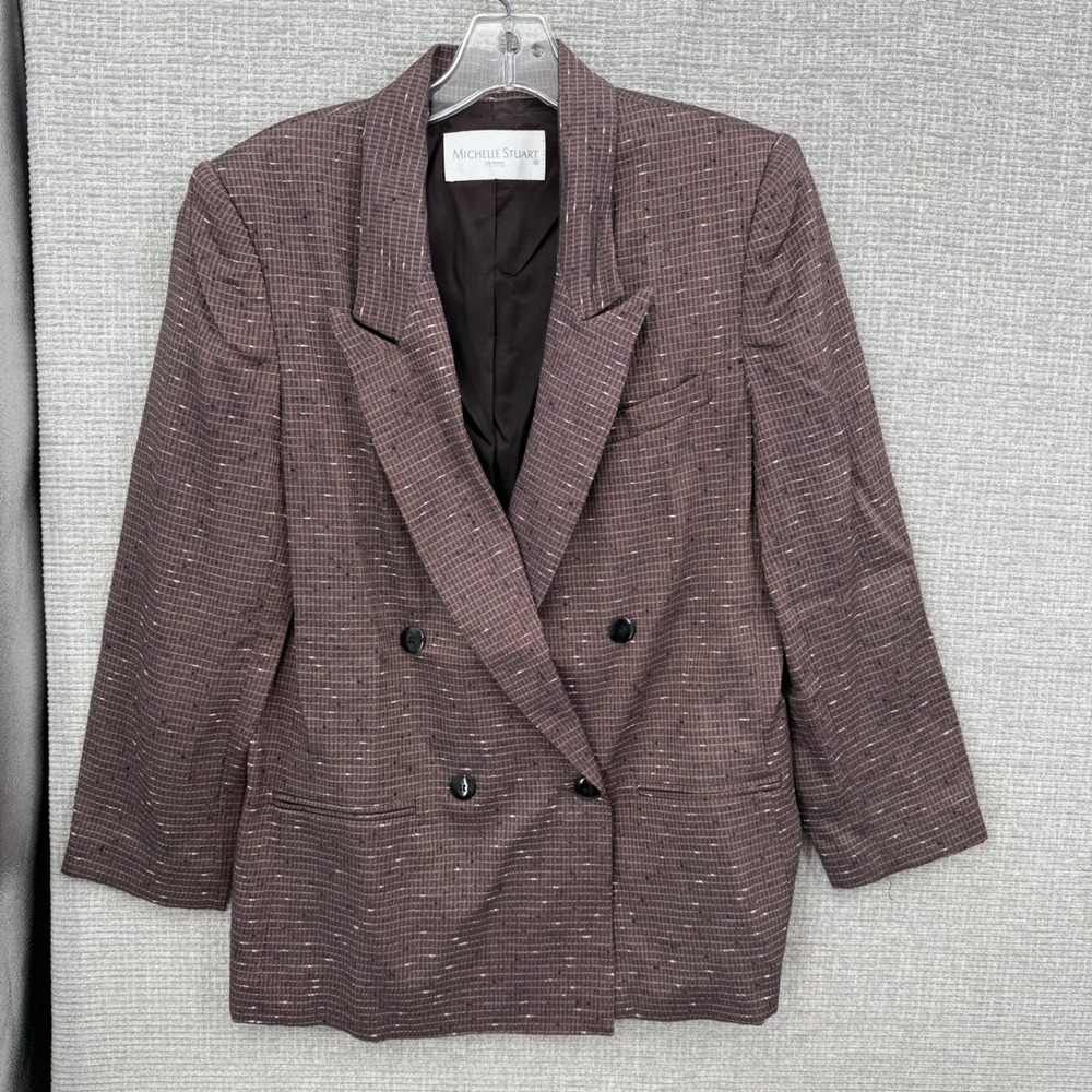 Vtg Michelle Stuart Blazer Womens Petite L Brown Grid Double Breasted